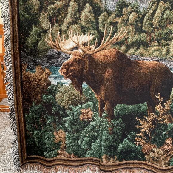 Moose Woven Tapestry Blanket Woods River Rocks Fringed Throw 50 x 68 - Picture 6 of 10